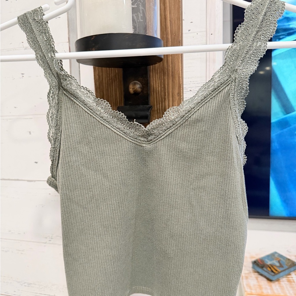 American Eagle Outfitters Olive Ribbed Tank with Lace